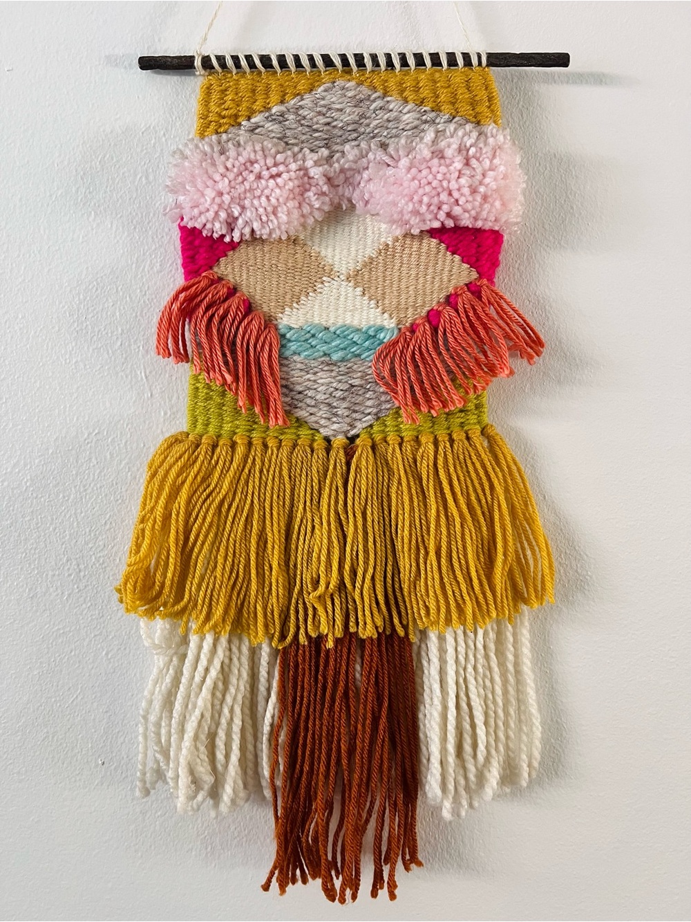 Handwoven Boho Wall Hanging in Mustard, Pink & Cream